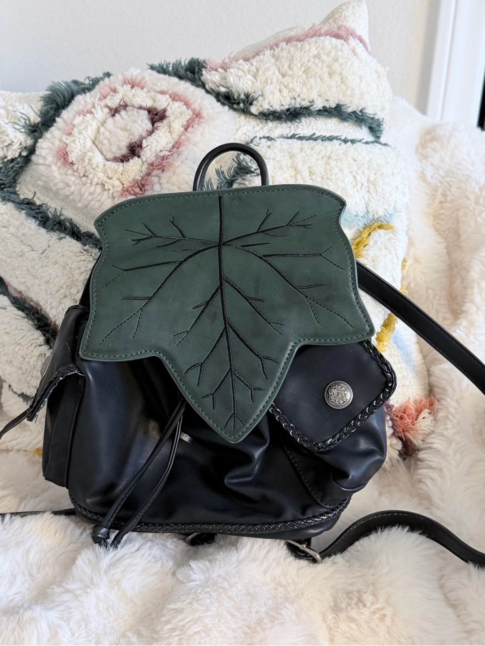 Dolls Kill Black Backpack with Green Leaf Flap